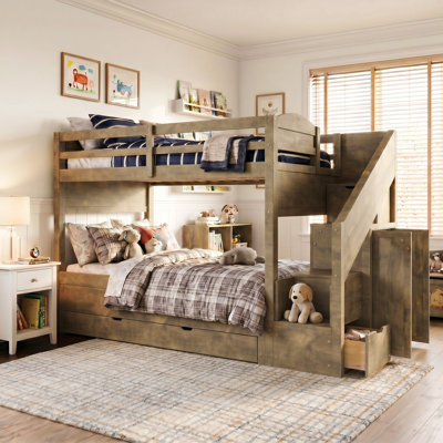 Lit plateforme simple en noyer avec cadre gigogne, tiroirs de rangement, escalier de rangement et garde-robe
