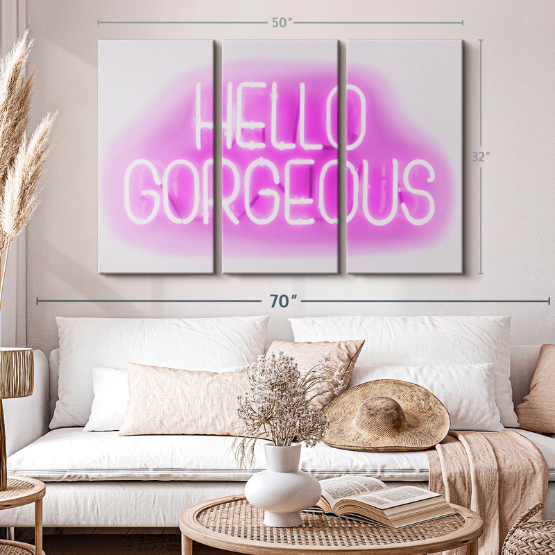 Holiday «Neon Hello Gorgeous Pink On White Canvas Print» sur, H 32 po x l 50 po x P 1,25 po