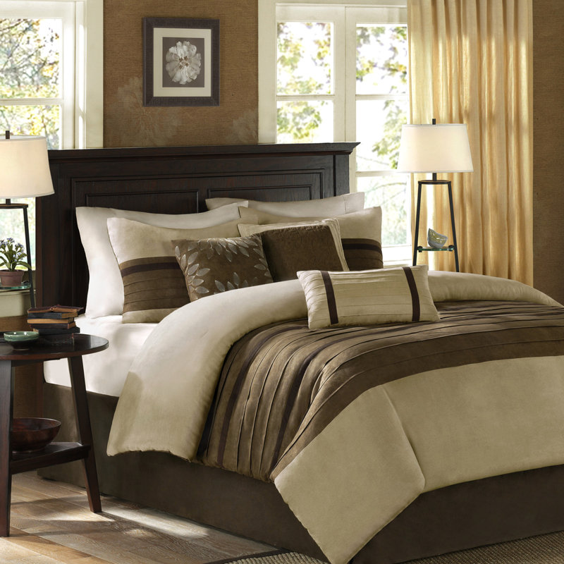 Édredon 7 pièces pour lit double - Faux suède, taies décoratives et jupe de lit brodées