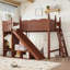 Lit mezzanine simple avec tablettes de rangement et garde-robe, structure en bois massif, glissière amovible, échelles, aucun sommier nécessaire, naturel profond-667965448-667965450