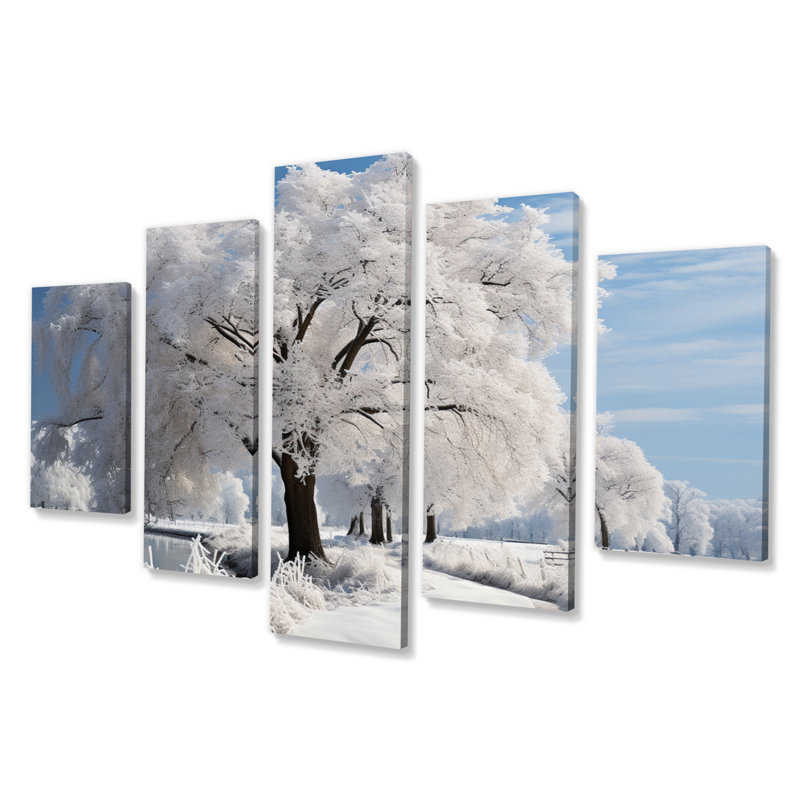 Arbre blanc dans un paysage d'hiver V - Paysages, art mural, salon - 5 panneaux