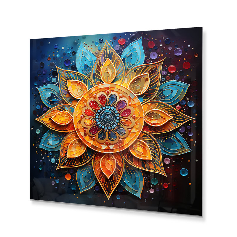 Or, sarcelle, yoga, mandala, pointillisme - pointillisme, impression sur métal, H 16 po x l 16 po x P 1 po