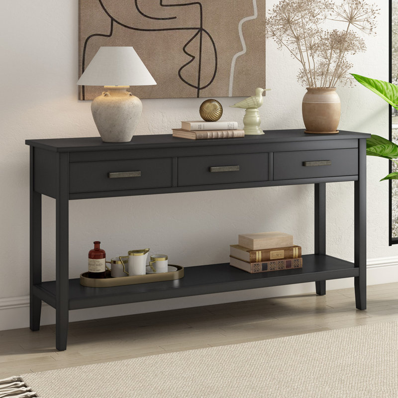 Modern 3-Drawer Console Table with Storage Shelf, Black