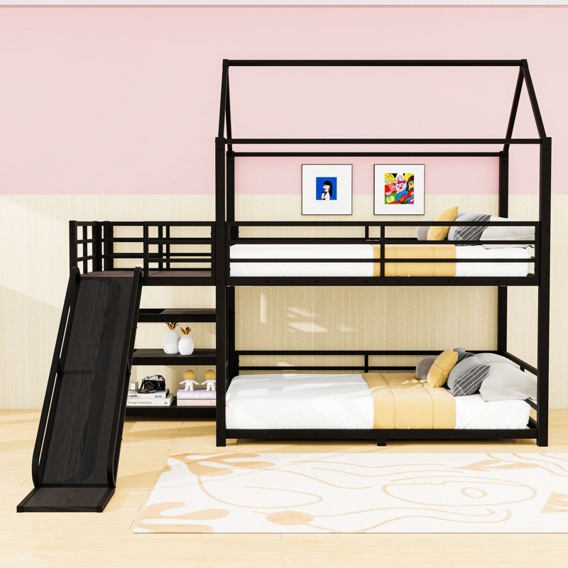 House-Shaped Multi-Functional Metal Bunk Bed with Built-in Stair Storage and Slide, Full Over Full