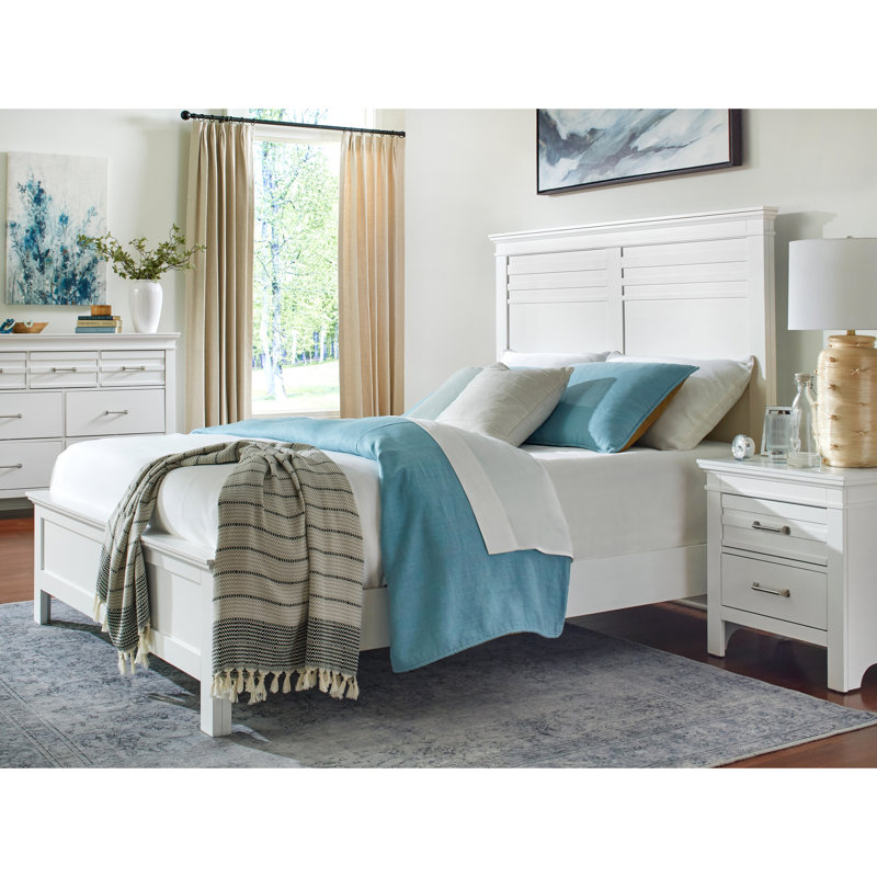 Grand lit de style transitionnel - Panneau en bois blanc avec tête de lit et rails pour la chambre à coucher