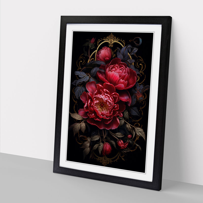 Peony Flower Gothic - Single Picture Frame Print on Wood, 64cm H x 46cm W x 2cm D, Black Framed