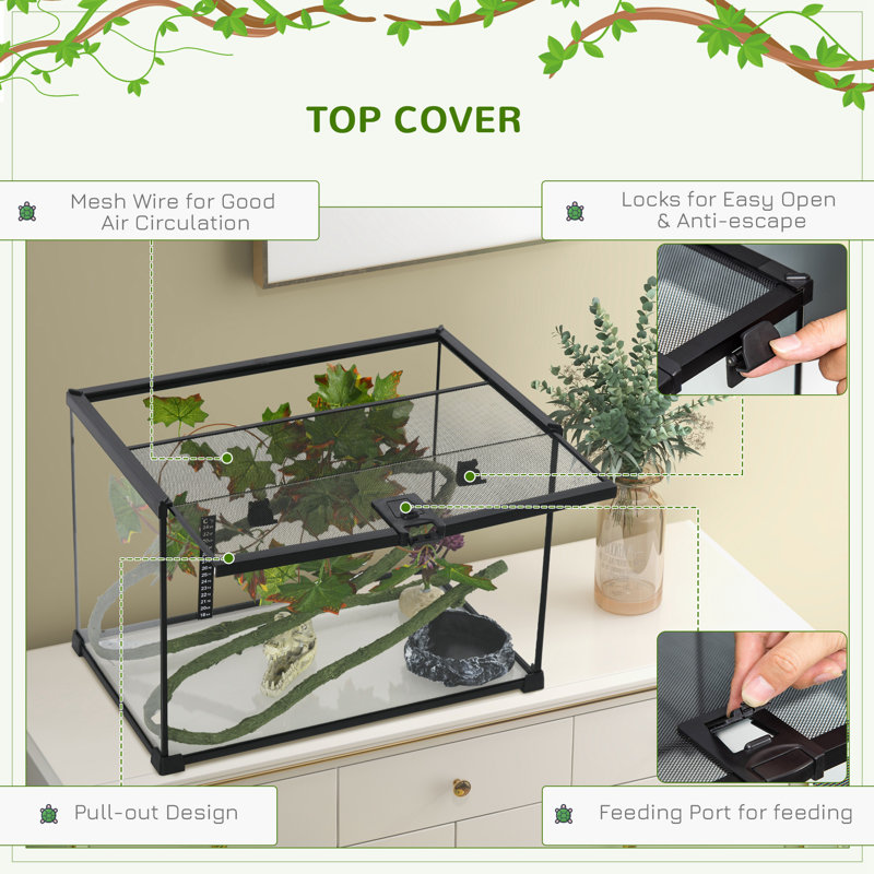 14 Gallon Black Glass Reptile Terrarium Tank with Sliding Screen Top