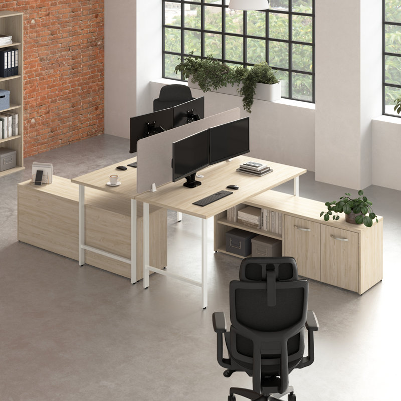 Bush Business Furniture Hustle 2 Person Computer Desk With Low Storage Cabinets, Power Grommets, And Privacy Screen