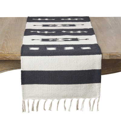 Modern Striped Fringe Table Runner - Handwoven Farmhouse Table Runner with Woven Stripe Pattern and Fringe Tassels for Contemporary Dining Tables and Everyday Home Décor