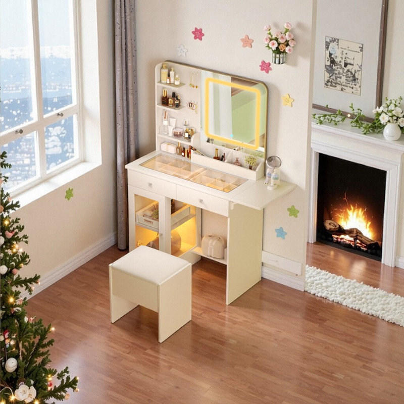 Compact Glass Top Vanity Desk with 7.87" Extendable Table Board, LED Mirror Illumination, and Storage Stool