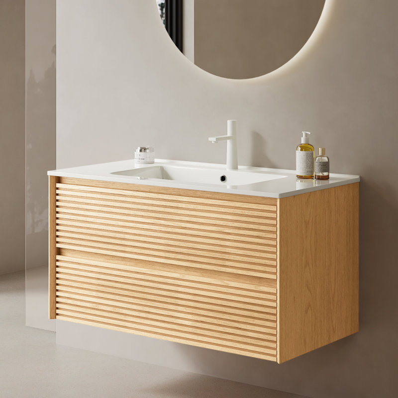 36" Nature Solid Wood Bathroom Vanity with Sink, Modern Wall-Mounted Floating Plywood Bathroom Cabinet, White Ceramic Basin, Pre-assembled, Natural Light Oak