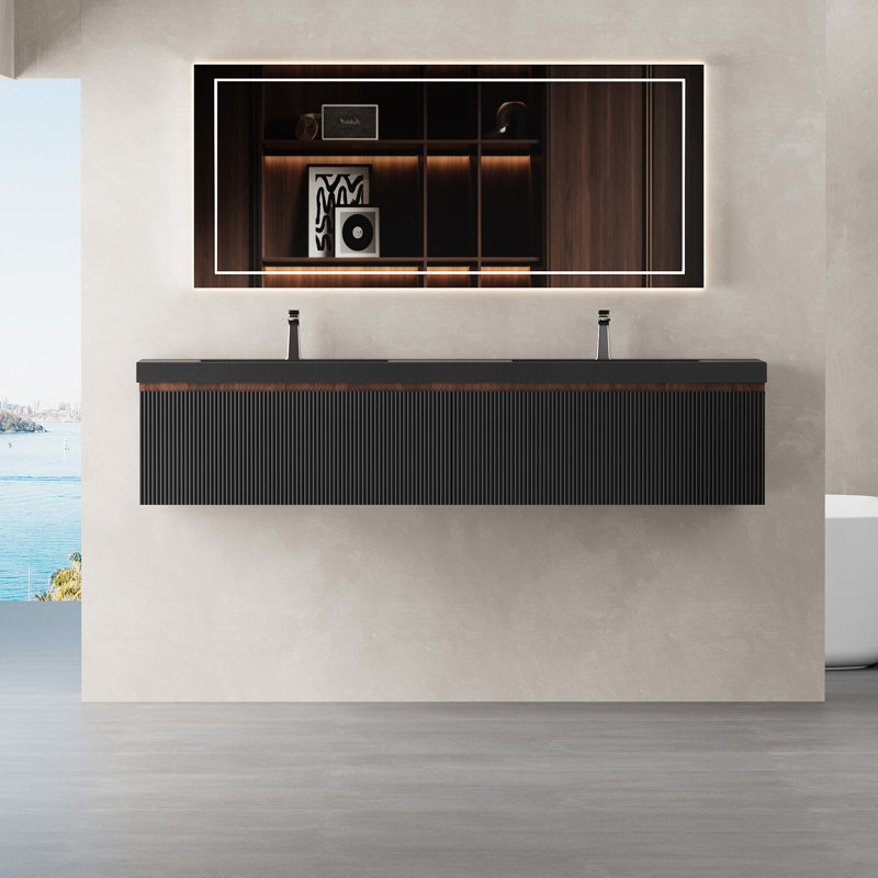 Meuble-lavabo flottant avec lavabo, Noyer, 71", Noir