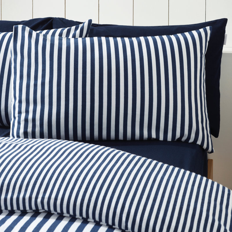 Brushed Stripe Cotton Reversible Duvet Cover Set, Navy Blue, Single