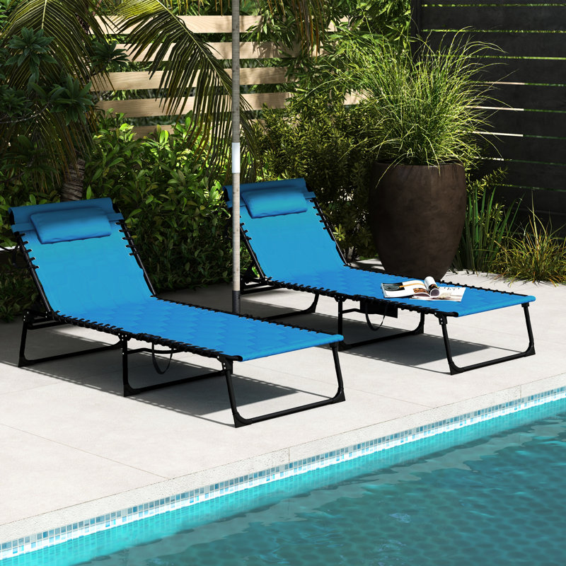 Chaise longue d'extérieur à 5 degrés, siège rembourré, poche latérale et chaise de plage pliante bleue, inclinable à 5 niveaux pour patio, cour, plage