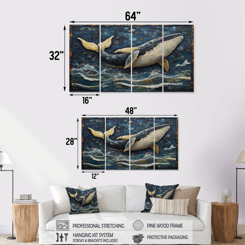 Baleine dans des tons bleus et blancs - ensemble d'art mural sur toile baleine, H 28 po x l 48 po