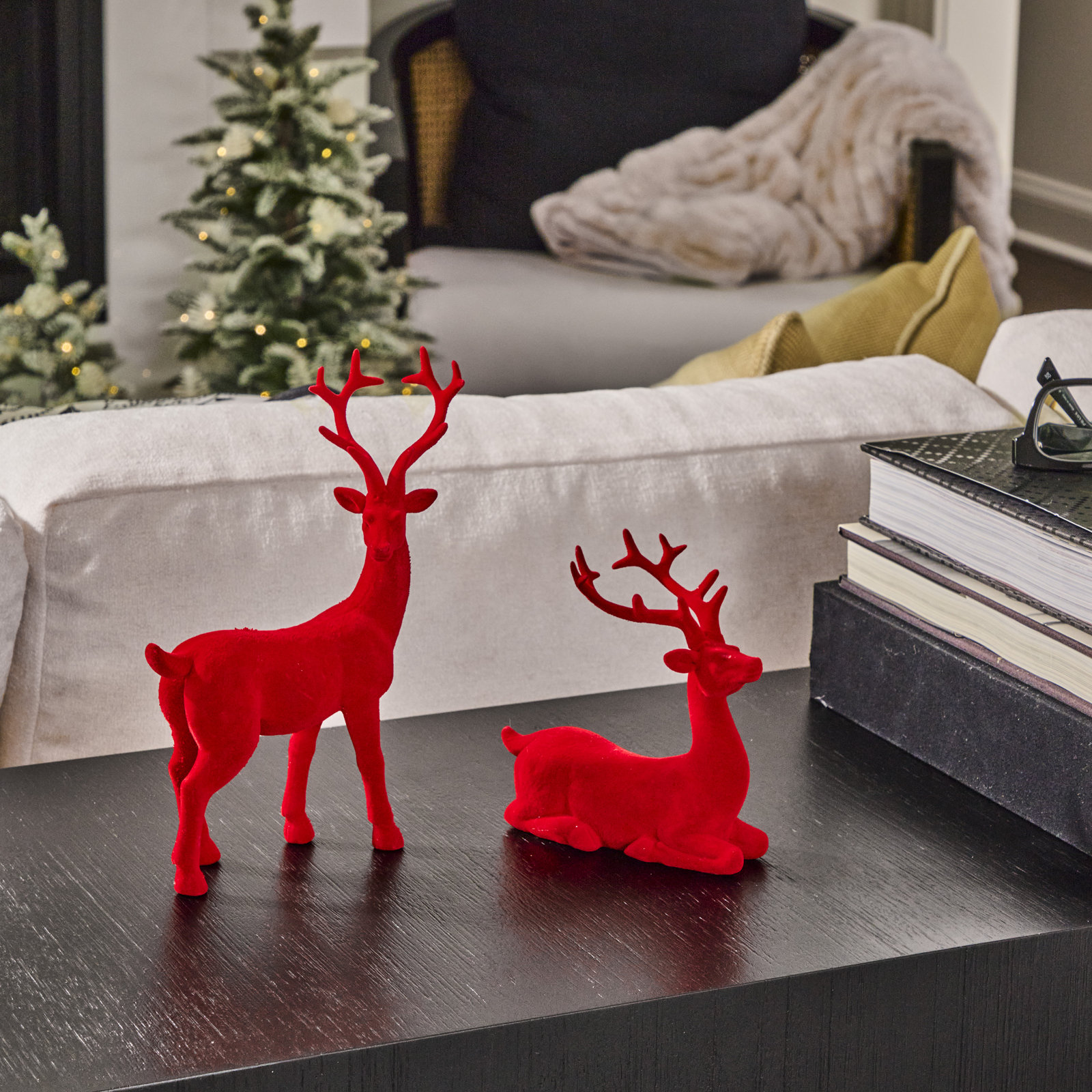 2-Piece Flocked Deer Figurine Set, Red