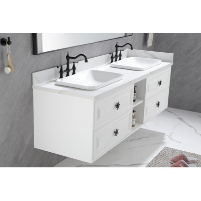 Meuble-lavabo mural blanc de 84 pouces avec cadre en acier pour lavabo double