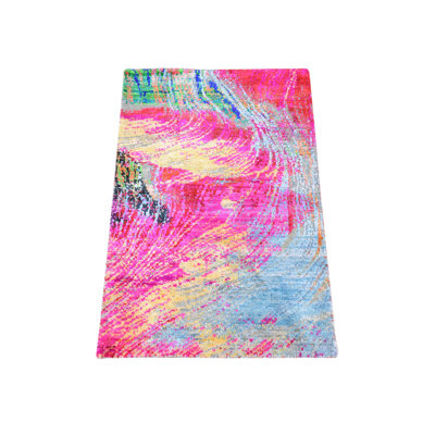 2'x3'1" Fuscia Pink, Sari Silk, Modern Design, Sample, Hand Knotted, Mat, Oriental Rug
