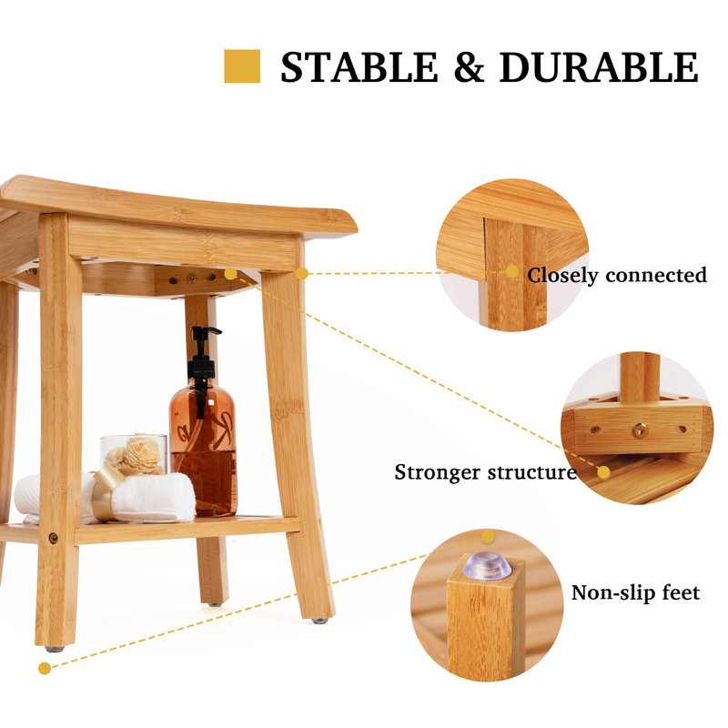 Natural Bamboo Spa Shower Bench with Storage Shelf