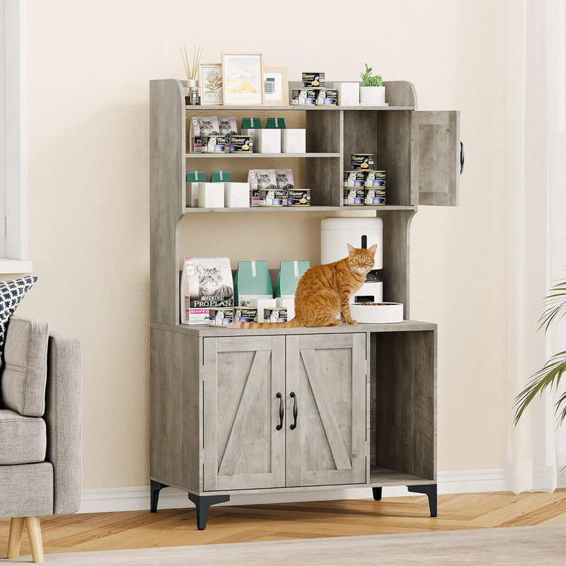 Grey Wood Freestanding Cat Litter Box Enclosure with Shelves