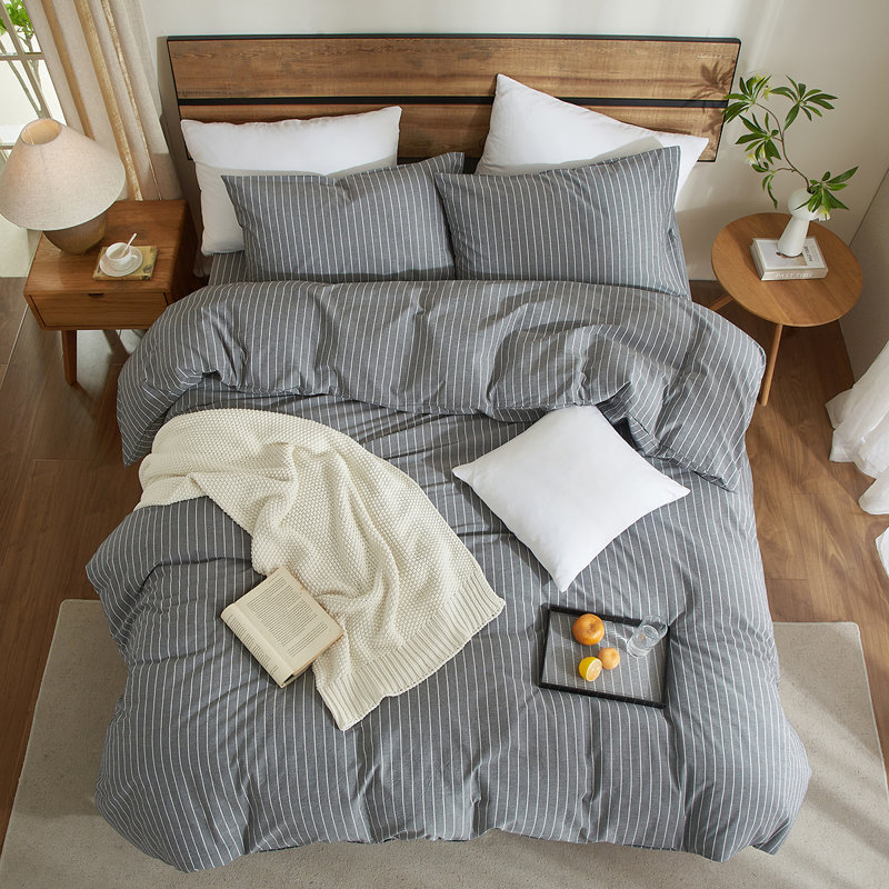 Ensemble de housse de couette à rayures 100% coton délavé Life, Housse de couette très grand + 2 taies d'oreiller