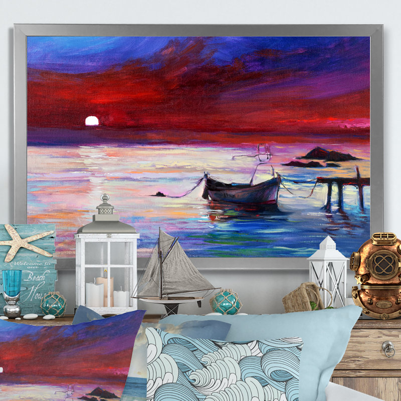 Bateau sur un coucher de soleil mauve - reproduction d'art sur toile, Cadre photo argenté, H 12 po x l 20 po x P 1 po