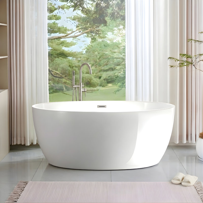 Vanity Art 59" X 32" White Acrylic Freestanding Bathtub, White/Brushed Nickel