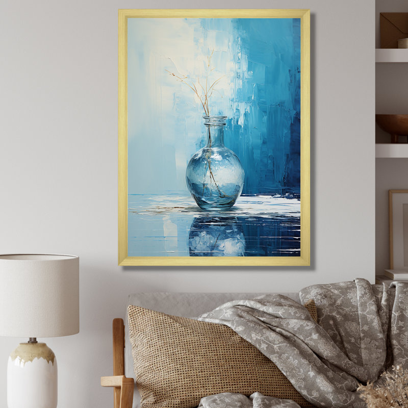 Vase de poterie bleu et blanc Boho, Cadre flottant doré, H 32 po x l 24 po x P 1 po