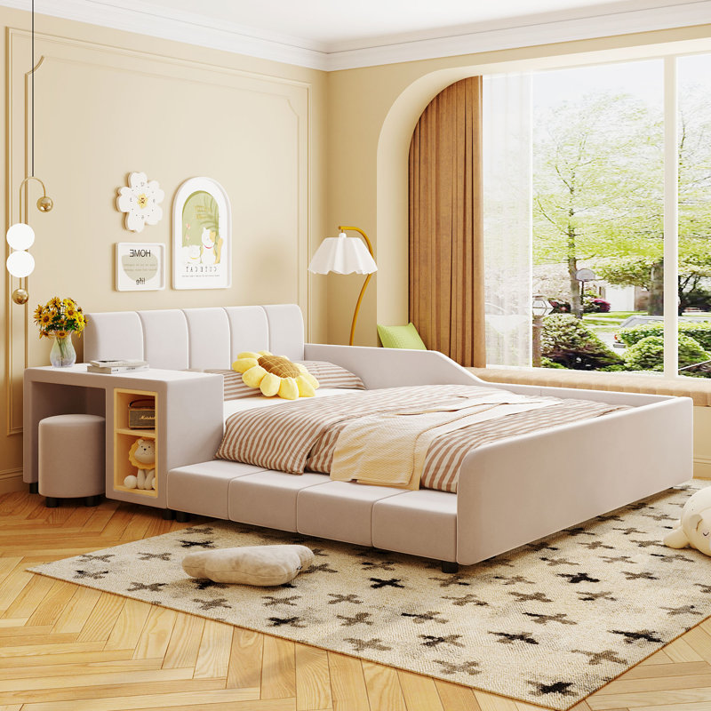 Lit plateforme Elowen Modern Glam avec bureau intégré et rails de sécurité, Double, Beige