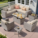 Ensemble de conversation pour 7 personnes avec chaise berçante pivotante, ensemble de conversation modulaire en rotin et osier avec coussins, ensemble de conversation pour canapé toutes saisons avec foyer pour table de jardin	
