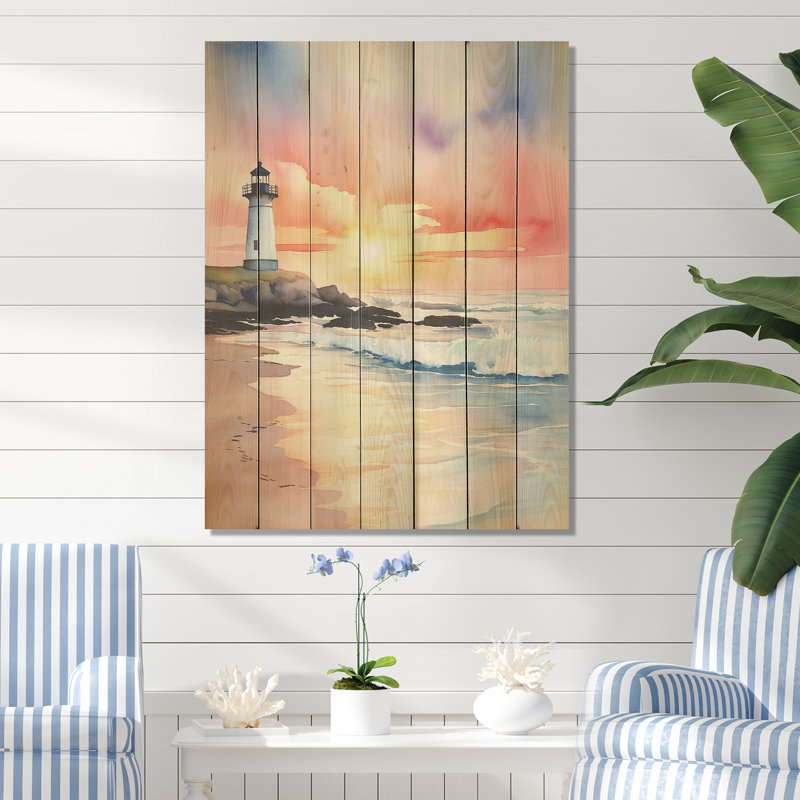 Plage, phare, coucher de soleil III - plage sur bois, H 20 po x l 10 po