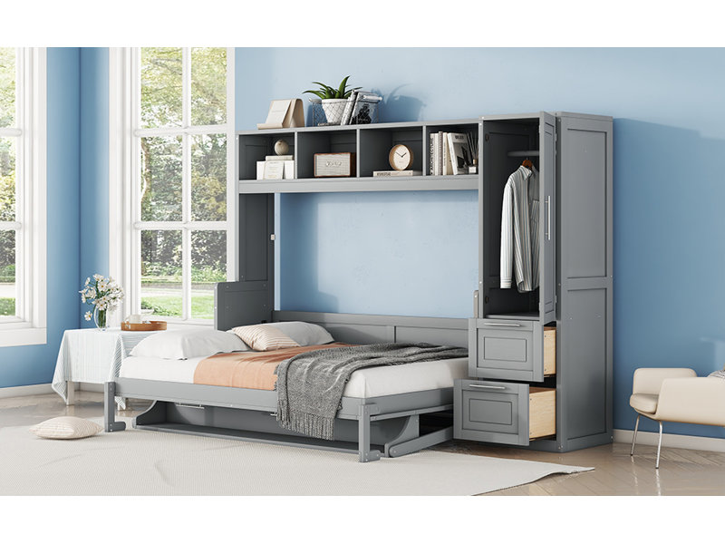 Lit escamotable Murphy avec placard et tiroirs, Gris
