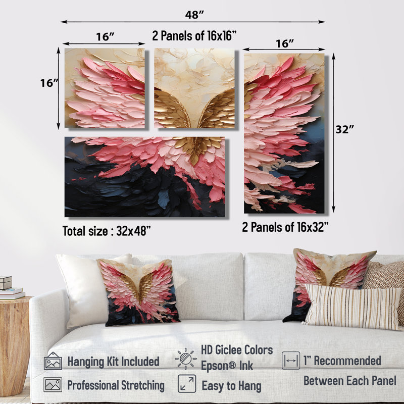 "Pink and Gold Angel Wings" - Art mural sur toile rose 4 pièces, Impression encadrée sans passe-partout, Doré