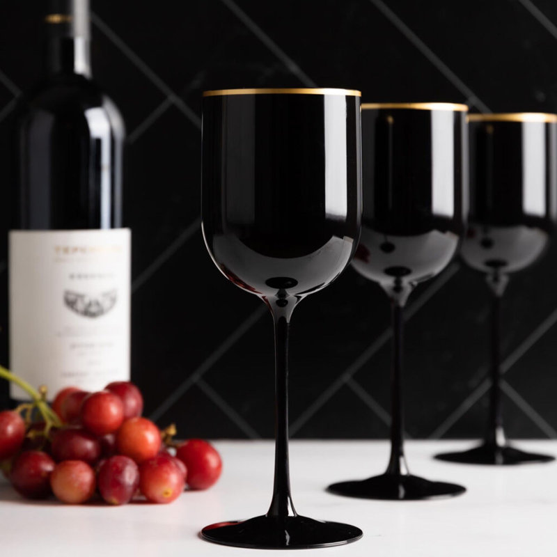 Elegant Black Plastic Wine Glasses with Gold Rim, Set of 15