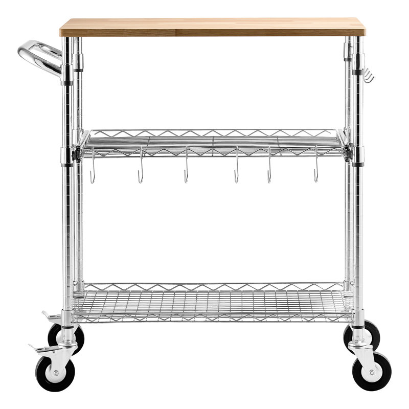 Chariot de rangement de cuisine à 3 niveaux avec plateau en bois massif et barre de maintien. Étagères métalliques robustes et réglables. Chariot de service monté sur roulettes pivotantes de 10 cm (4 pouces). Supporte jusqu'à 300 kg (661 lb). Parfait pour la maison, le garage, le bureau ou le laboratoire.