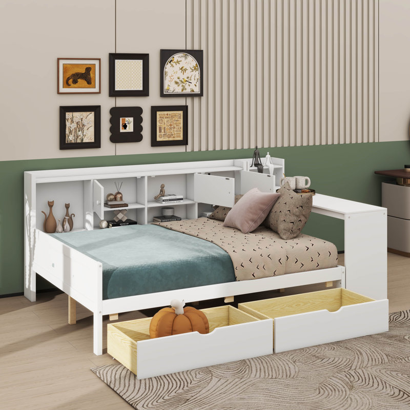 Lit de jour en L en bois avec sept armoires de rangement et deux tiroirs, un lit polyvalent avec une table d'étude intégrée