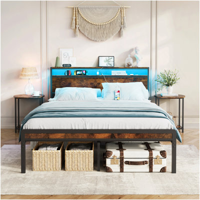 Full Size Metal Bed Frame With Headboard And Footboard, LED Lighting, Black Heavy Duty Mattress Foundation With Steel Slat Support, Noise Free,81.73"L X 54.13"W X 38.96"H