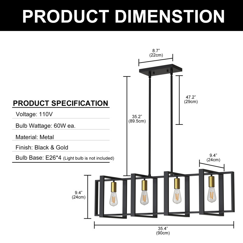 4 - Light Kitchen Island Rectangle/Square Chandelier