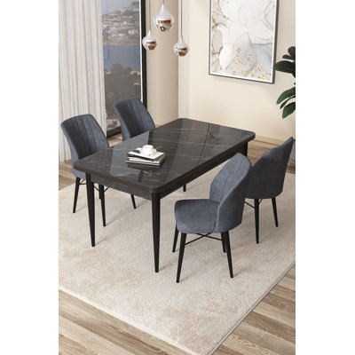 Ensemble de table et chaises de salle à manger moderne 5 pièces, couleur marbre noir et fumée | Table en carton 100% enduit de mélamine, table: 43,3 po x 29,9 po x 27,6 po | Chaises: 17,7 po x 35,4 po x 16,5 po | Pieds en bois, structure en métal, rembourrage en mousse confortable pour le dossier et le siège