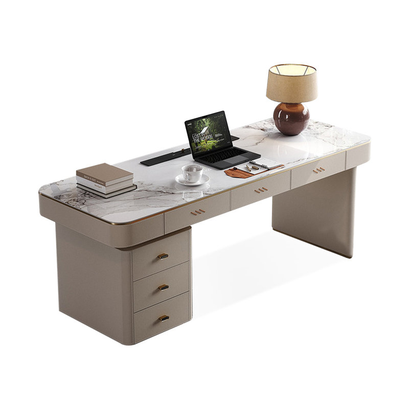 Bureau rectangulaire en pierre blanche + bois manufacturé + Barenia avec 9 tiroirs, H 29,53 po x l 62,99 po x P 23,62 po