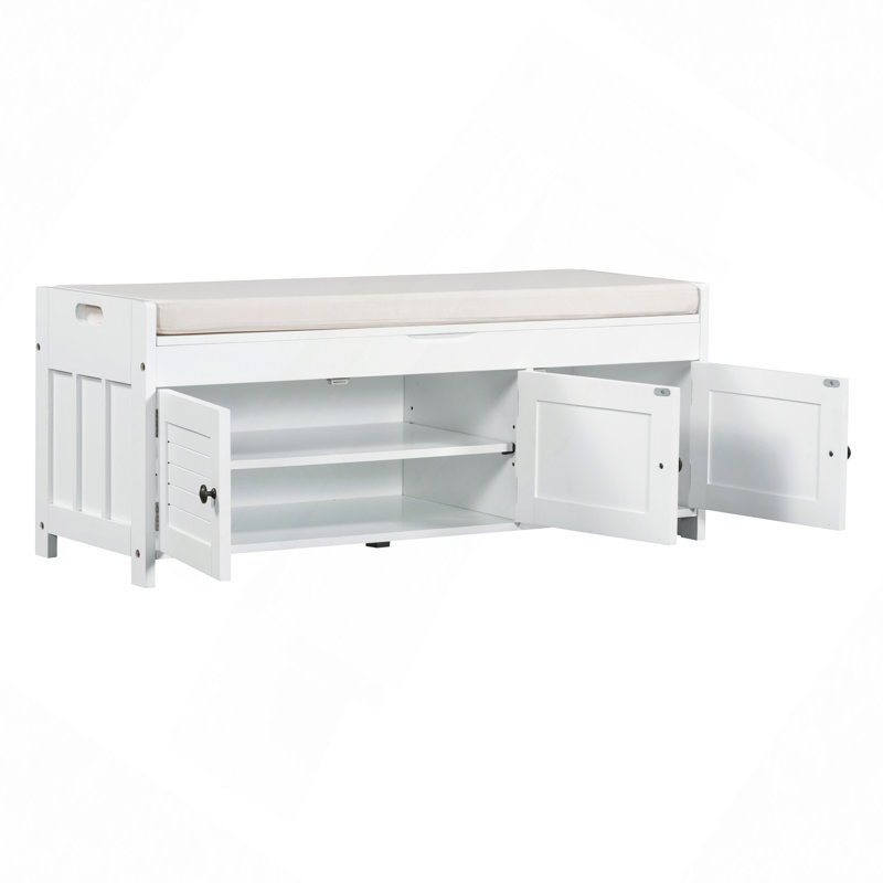 Storage Bench With 3 Shutter-Shaped Doors, Shoe Bench With Removable Cushion And Hidden Storage Space, White
