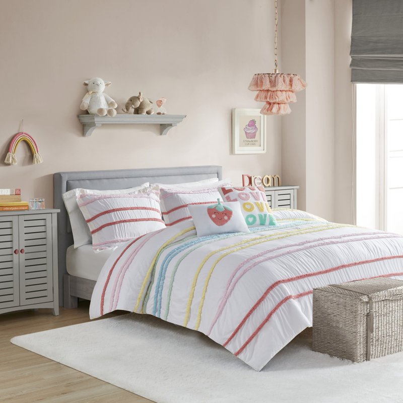 Haisley Pink 100% Cotton Chenille Stripe 4-Piece Twin Duvet Cover Set, Twin Duvet Cover + 1 Sham + 2 Throw Pillows, Pink