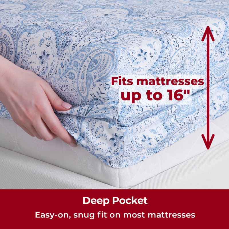 Draps Mellanni 1800, Ensemble de draps pour grand lit, Motif cachemire bleu