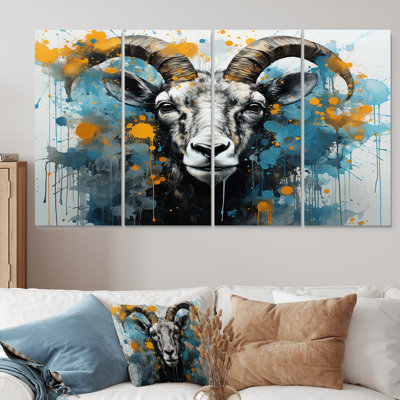 «Blue Yellow Goat Blooms Portrait - Chèvre», art mural 4 pièces pour le salon
