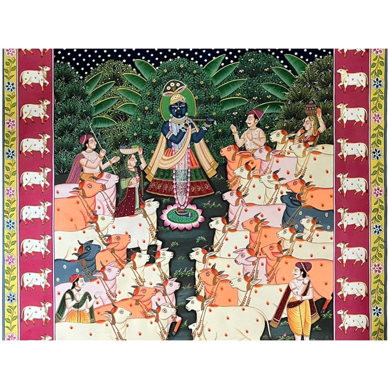 Dieu indou Shrinathji jouant de la flûte | Art Pichwai | Aquarelle sur coton