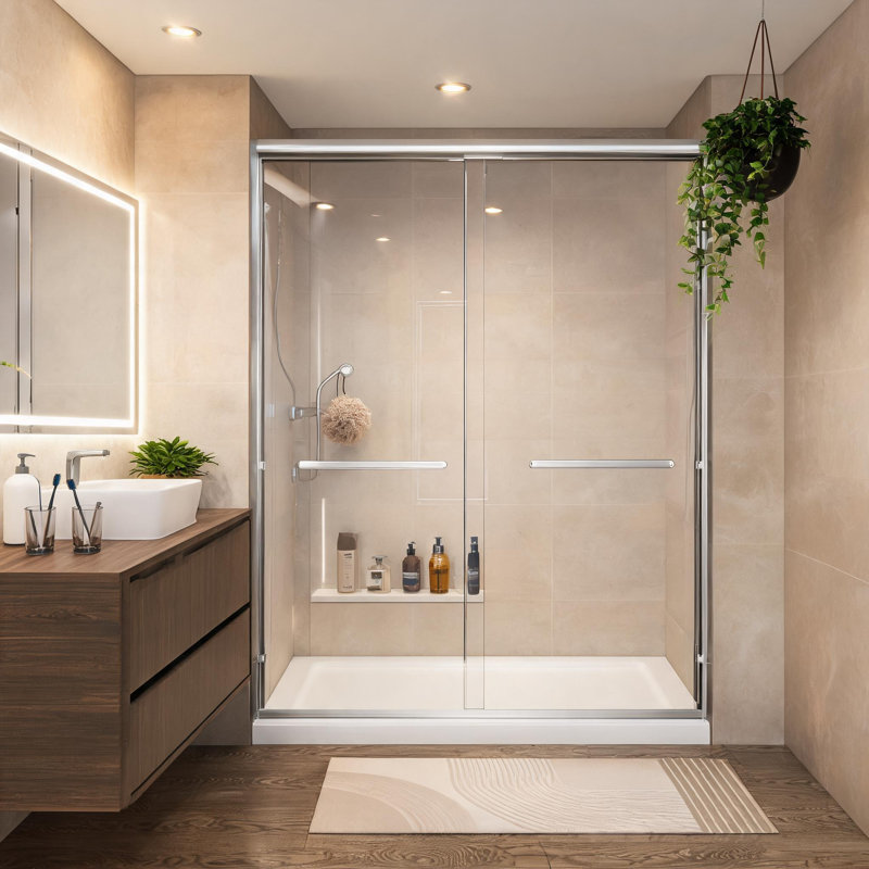 Porte de douche coulissante double avec cadre en aluminium chromé, verre trempé transparent et pellicule anti-explosion, de 127 à 137 cm de large.