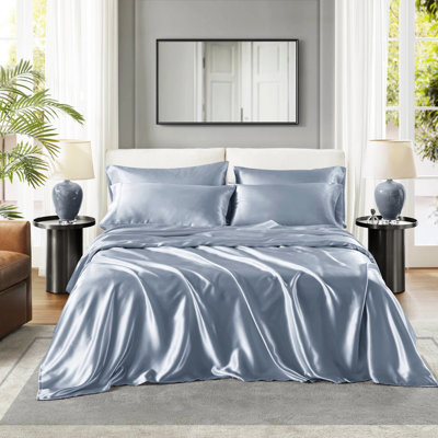 6 Pcs Luxury Blue King 100% Satin Sheet - Wrinkle , Reduces Breakage While Sleeping, , Has 1 Flat, Fitted And 4 Pillowcases Pcs, Smooth Silky, Includes