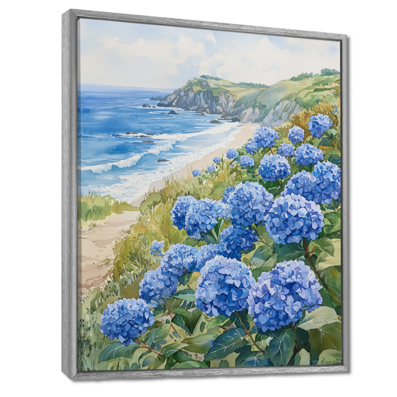 Avasophia hortensias dans un jardin en bord de mer II - hortensia, art mural, Argent argent, H 40 po x l 30 po