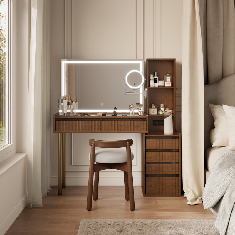 Ensemble coiffeuse à 6 tiroirs avec tabouret pivotant en bois massif, éclairage DEL réglable et miroir grossissant