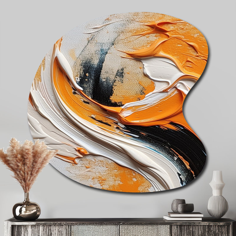«Clarysse - Abstract Spirals», art mural asymétrique en métal pour le salon, reproduction d'art en métal de forme irrégulière orange